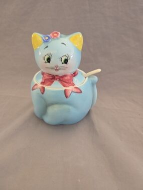 1950's Norcrest Kitchy Ceramic Blue Cat Sugar Bowl with Spoon